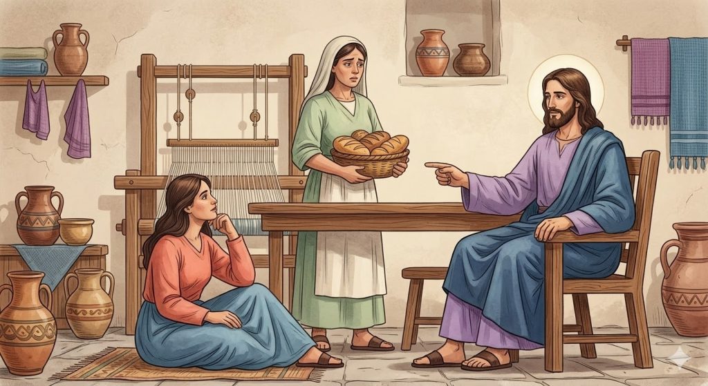 Premier Jour : L’Hospitalité de Sainte Marthe - une femme préparant un repas simple avec bienveillance croix au mur